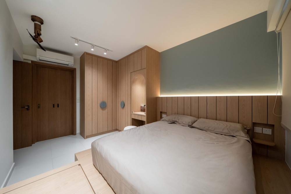 scandinavian bedroom with wardrobe and built in bed