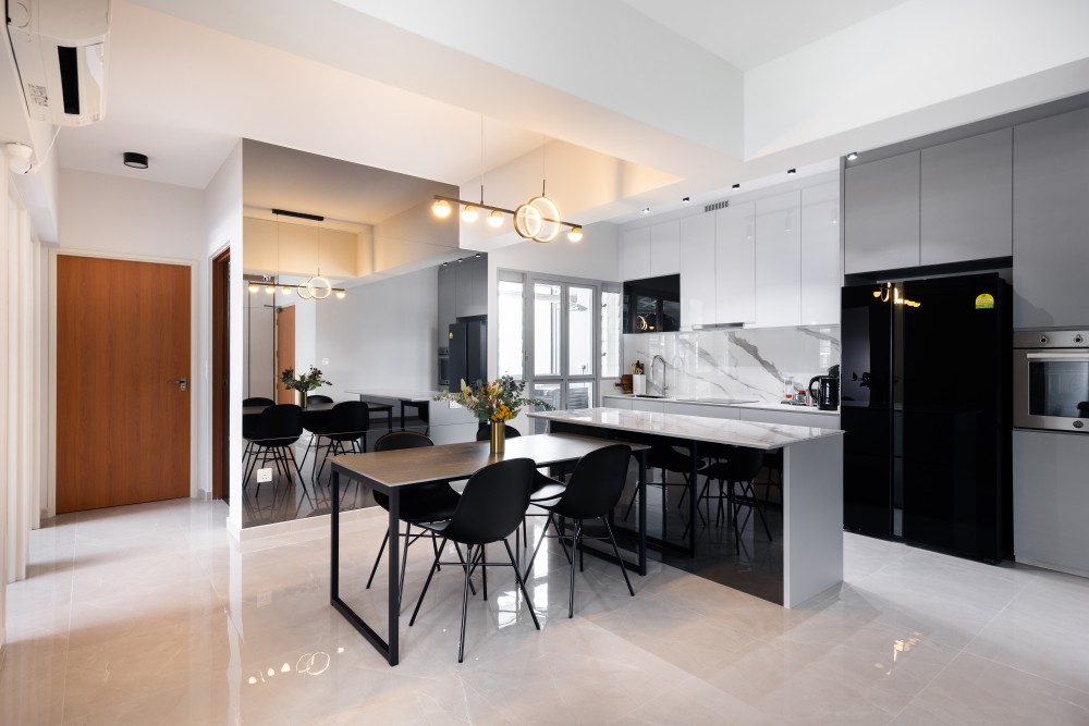 contemporary dining room with mirror and kitchen island