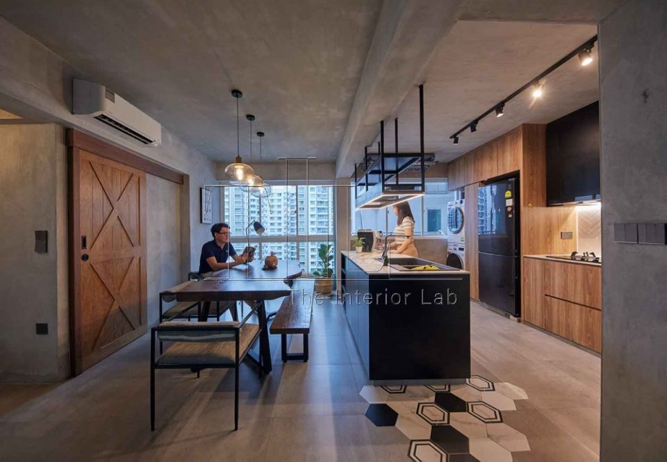 industrial kitchen with countertop and kitchen island