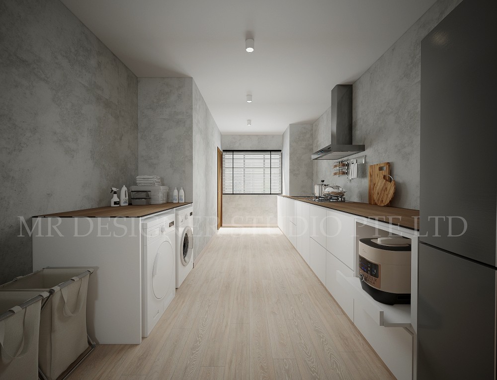 industrial kitchen with countertop and vinyl flooring