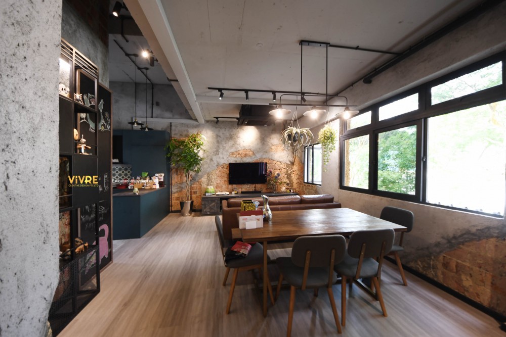 industrial living room with bookshelf and vinyl flooring