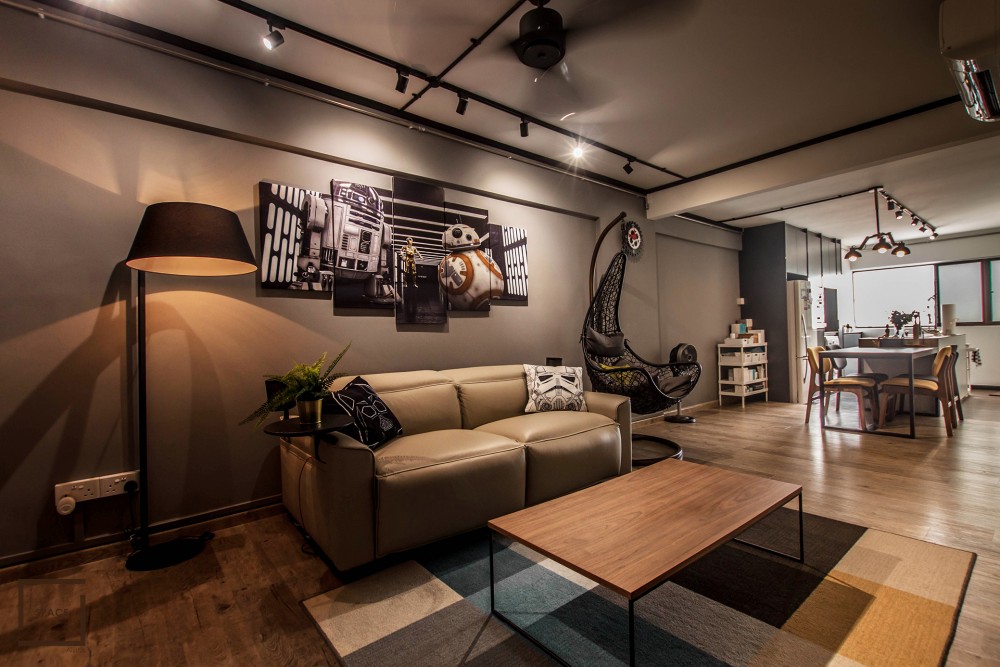 industrial living room with parquet floor and ceiling light