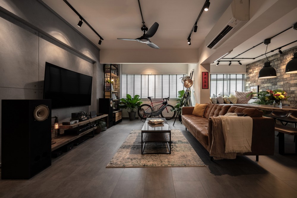 industrial living room with tv console and feature wall