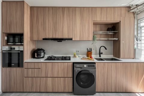 minimalist kitchen with countertop and cupboard