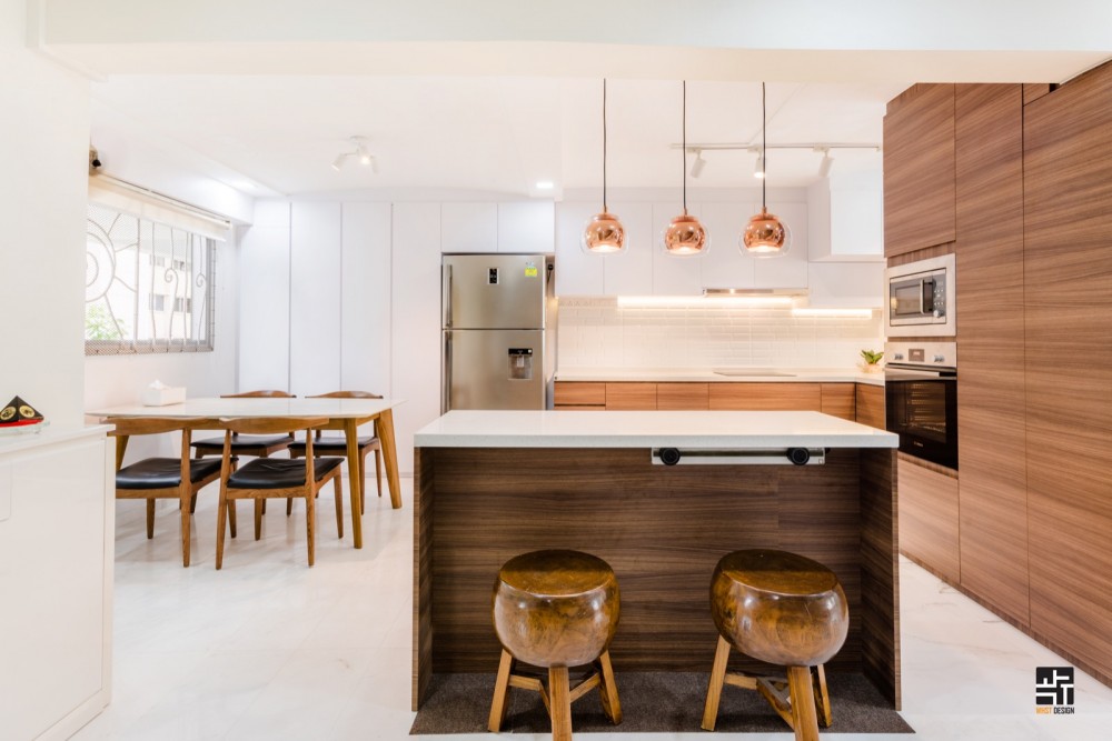 minimalist kitchen with countertop and kitchen island