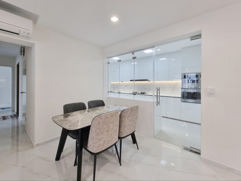 modern dining room with glass door and dining table