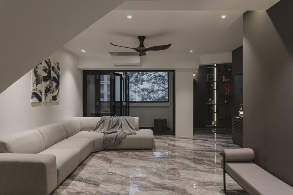 modern living room with marble floor and artwork