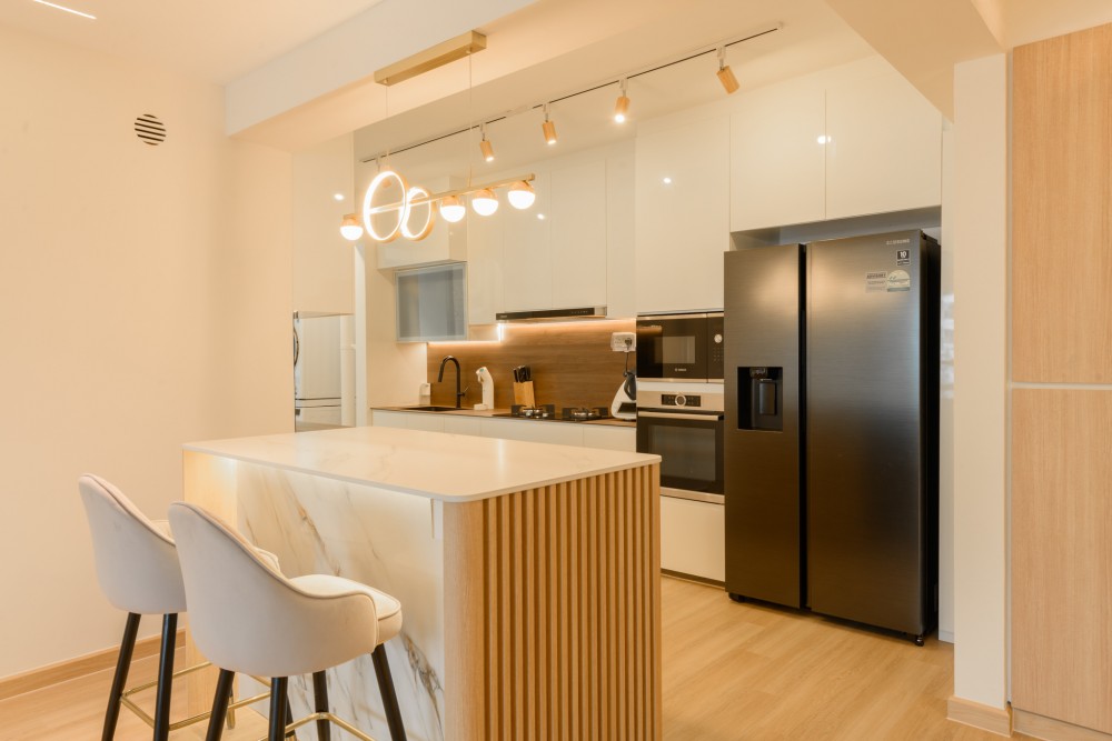 scandinavian kitchen with countertop and vinyl flooring