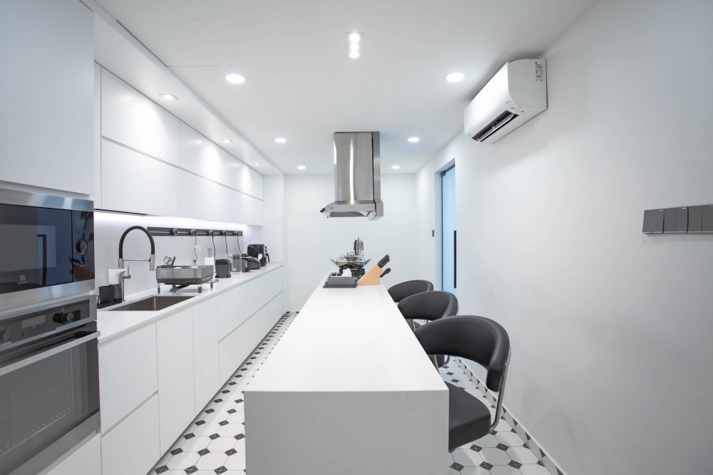 scandinavian kitchen with kitchen island and kitchen backsplash