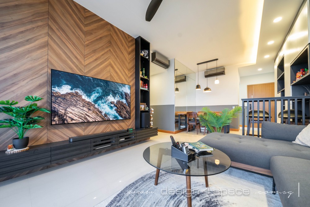 modern living room with homogeneous tiles and feature wall