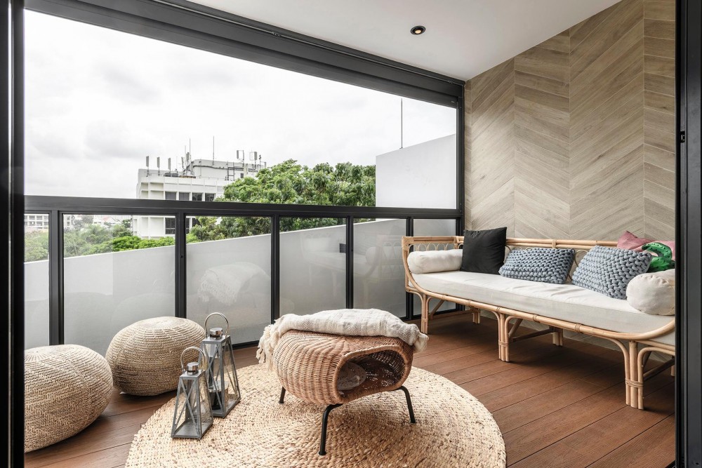 contemporary balcony with window seat and window shutters