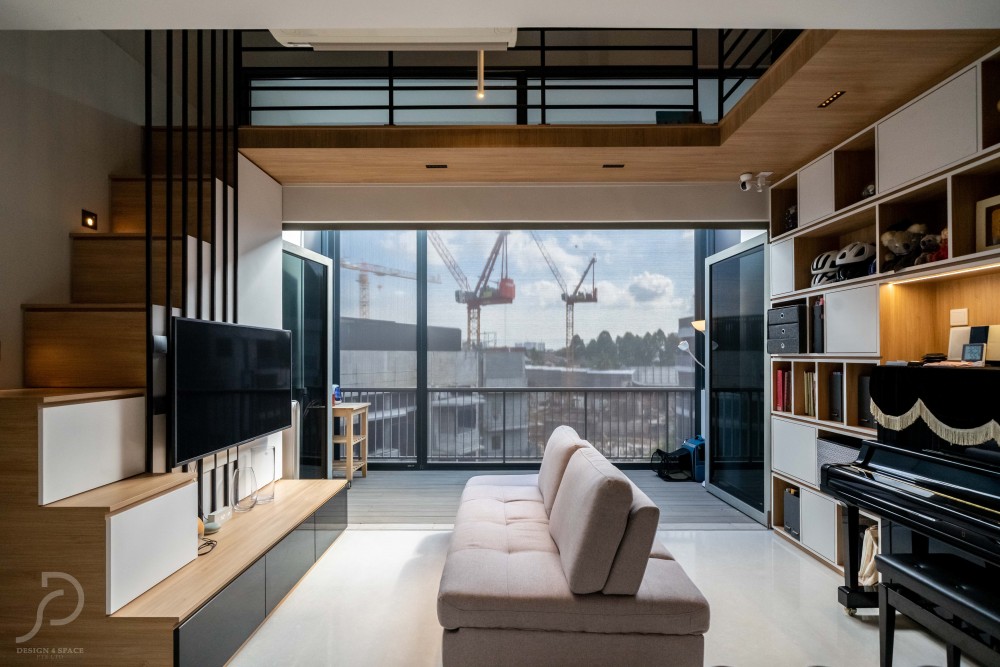 contemporary living room with bookshelf and homogeneous tiles