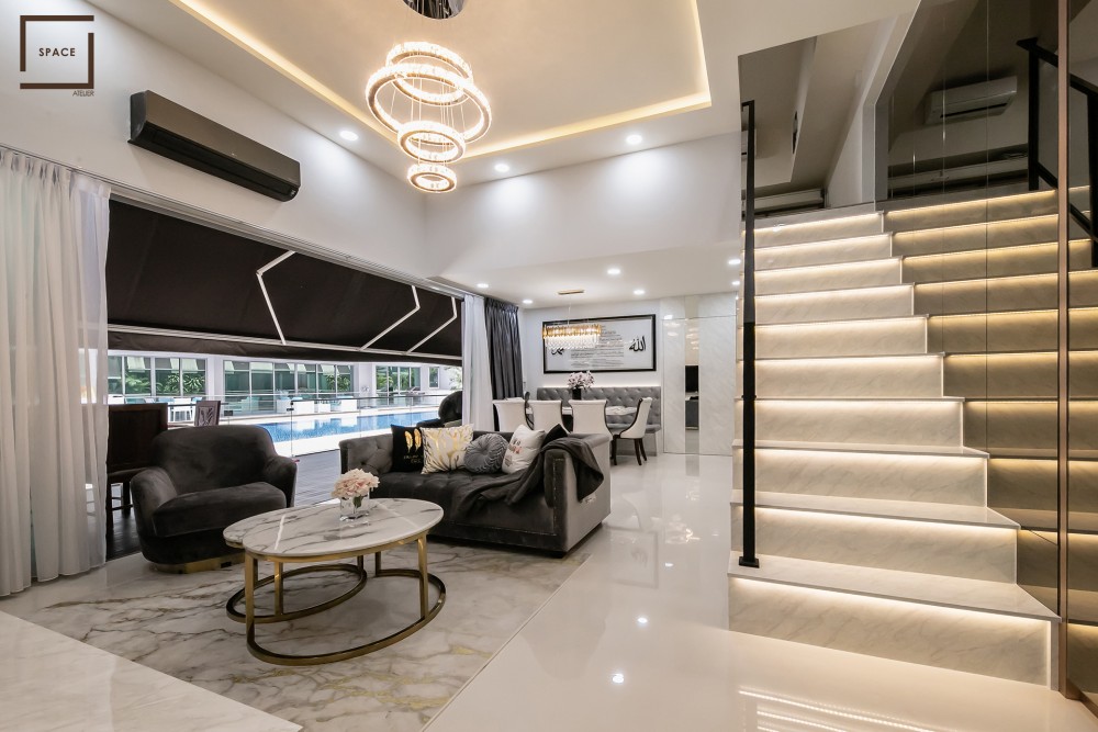 modern living room with granite floor and tv console