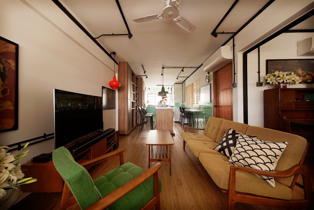 vintage living room with tv console and sofa