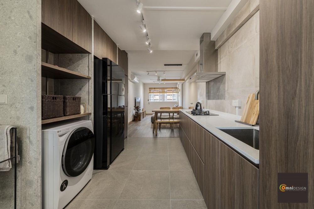 contemporary kitchen with countertop and homogeneous tiles