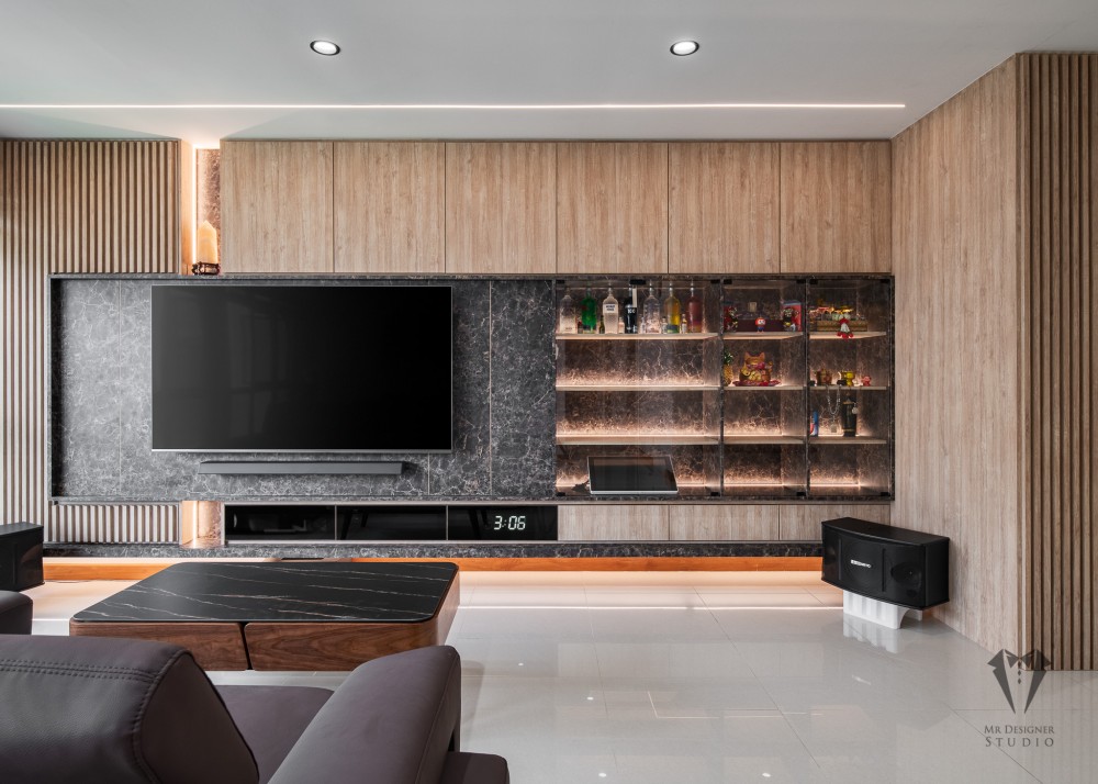 contemporary living room with tv console and feature wall