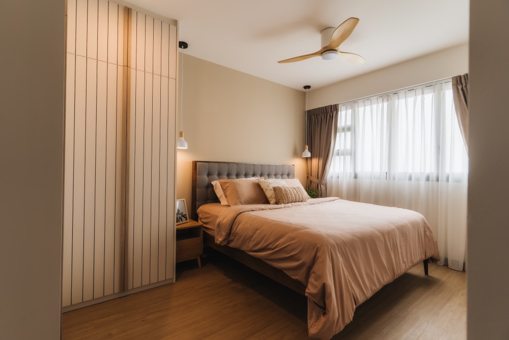 scandinavian bedroom with vinyl flooring and wardrobe