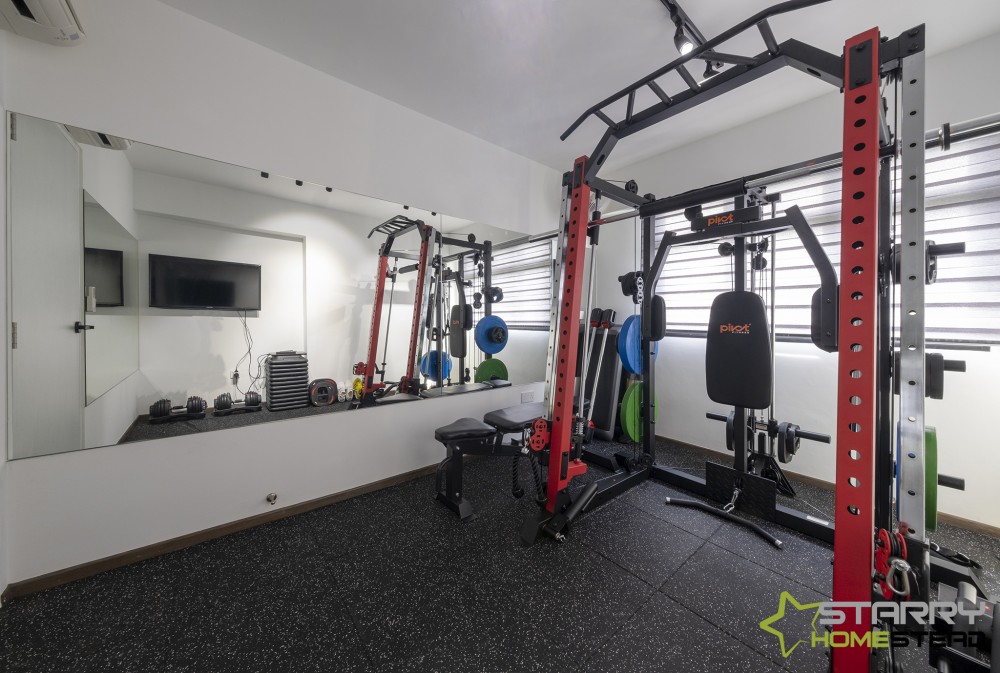 scandinavian home gym with seating bench and gym equipment