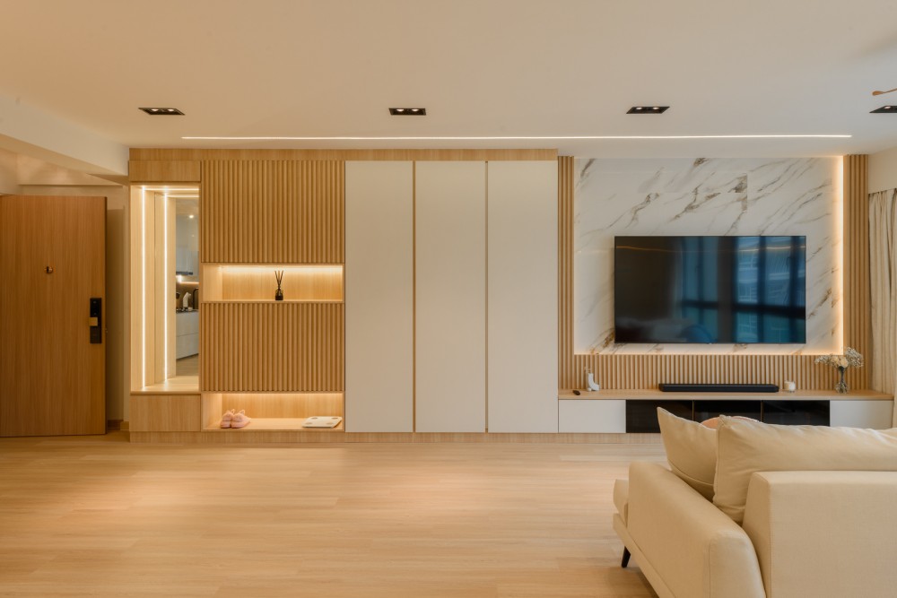 scandinavian living room with vinyl flooring and feature wall