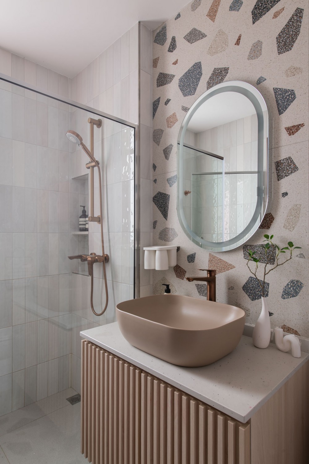 contemporary bathroom with mirror and shower screen