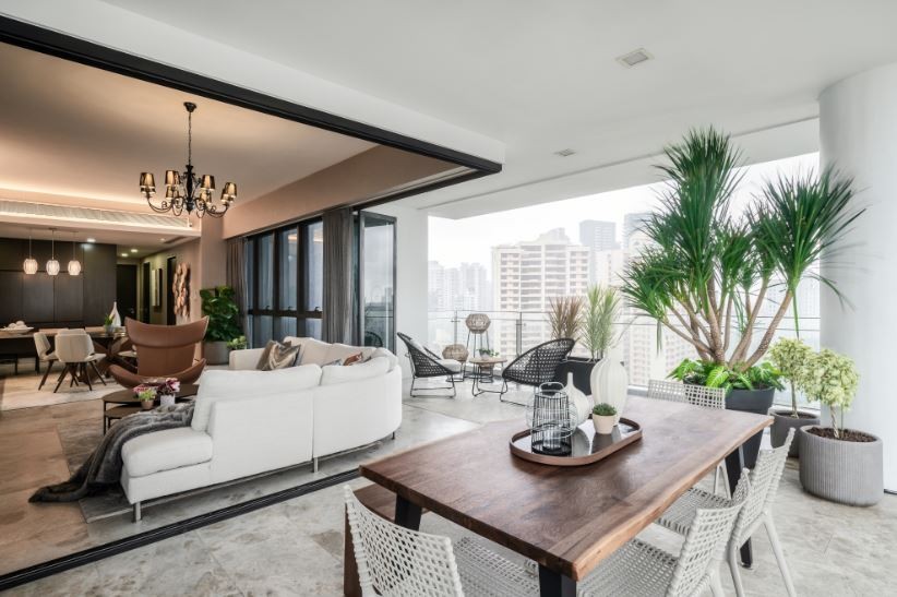 contemporary living room with bay window and sofa