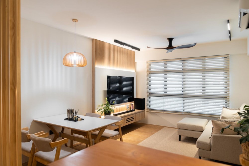 minimalist living room with wood flooring and tv console