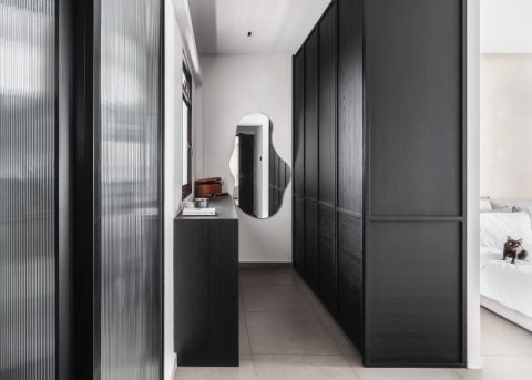 minimalist walk in wardrobe with mirror and wardrobe