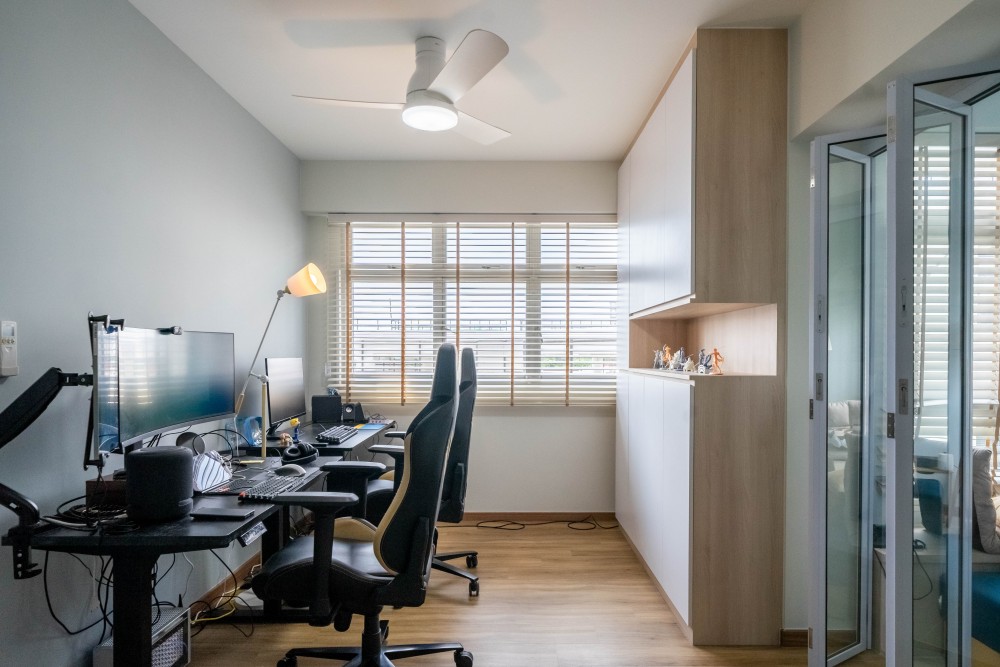 modern study with cove lighting and drop ceiling