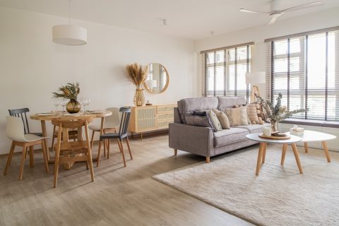 scandinavian living room with sofa and coffee table