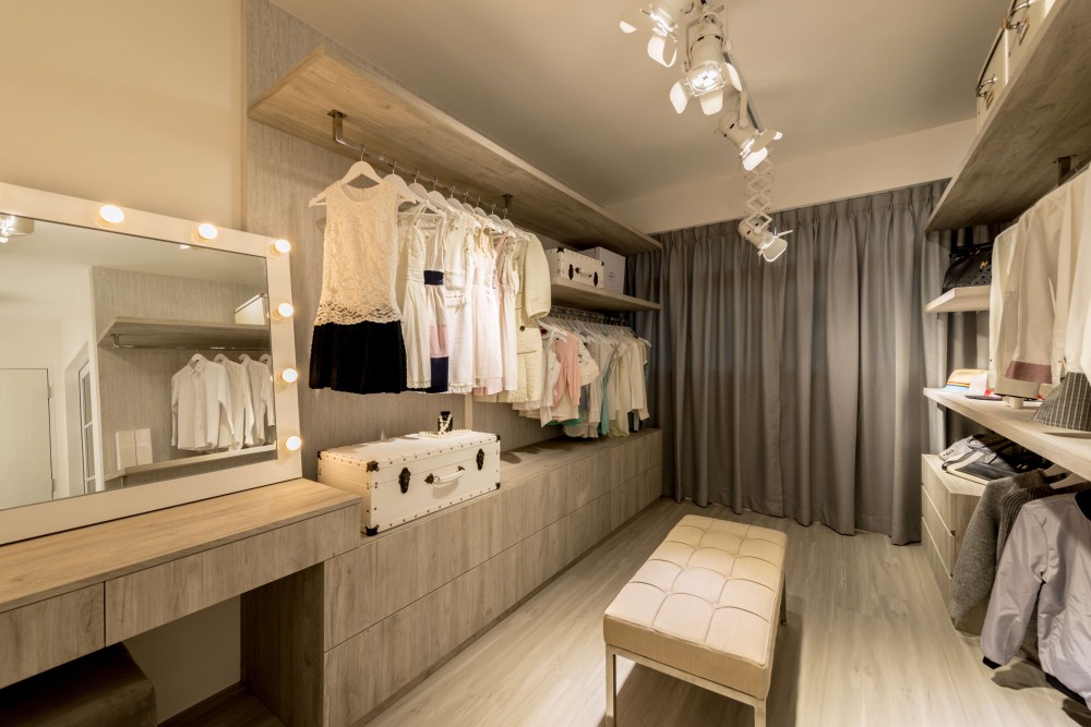 scandinavian walk in wardrobe with mirror and wardrobe