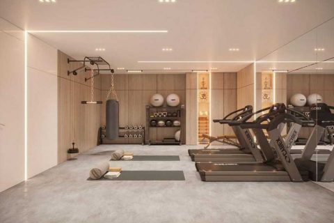 contemporary home gym with feature wall and mirror