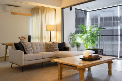 contemporary living room with vinyl flooring and sofa