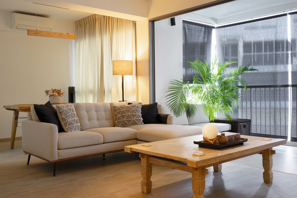 contemporary living room with vinyl flooring and sofa