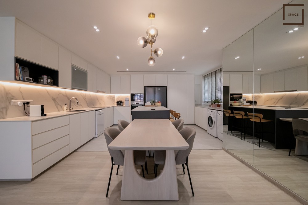 minimalist kitchen with countertop and open kitchen