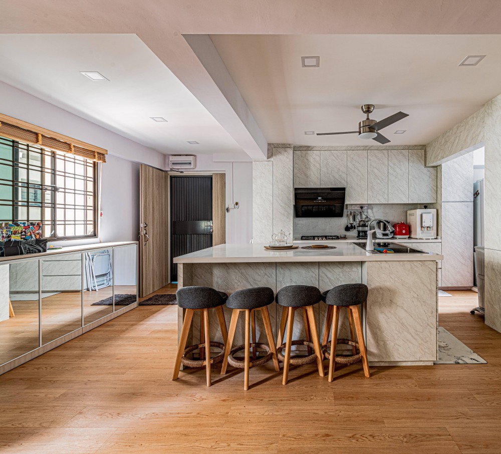 modern dining room with ceiling light and ceiling fan