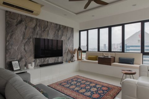 modern living room with settee and tv console