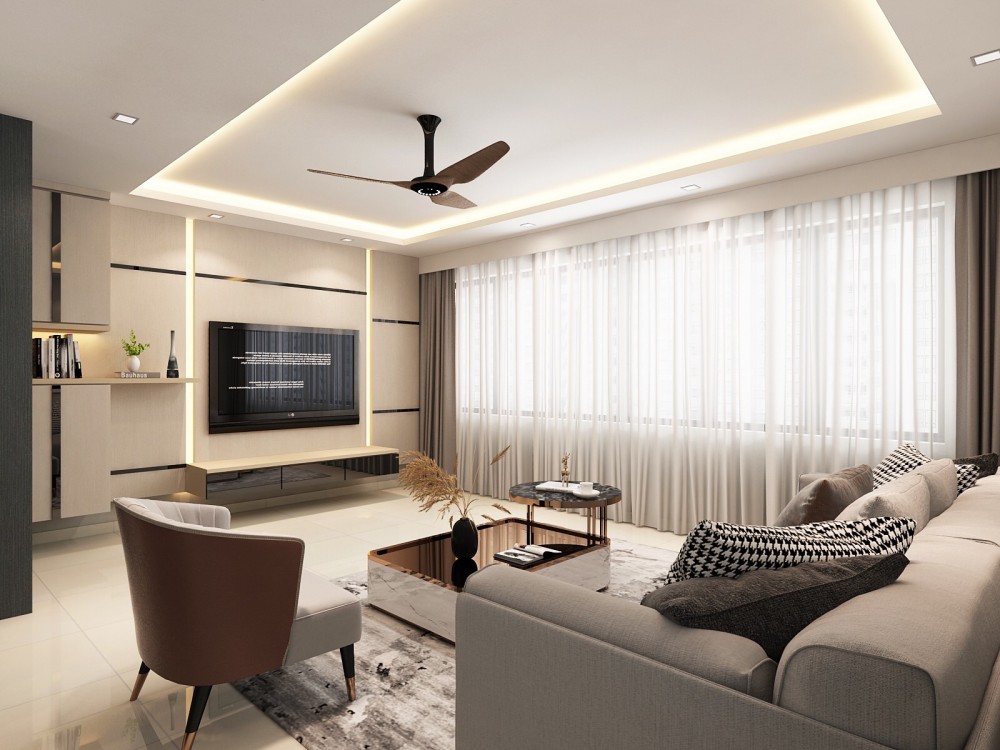 modern living room with tv console and feature wall 2