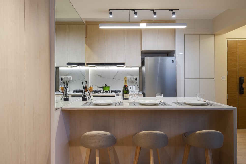 scandinavian kitchen with countertop and vinyl flooring