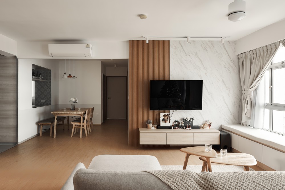 scandinavian living room with tv console and feature wall 2