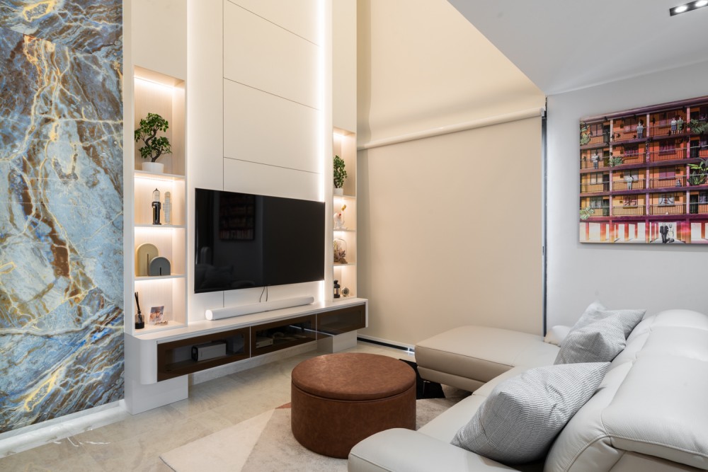 scandinavian living room with tv console and feature wall 3