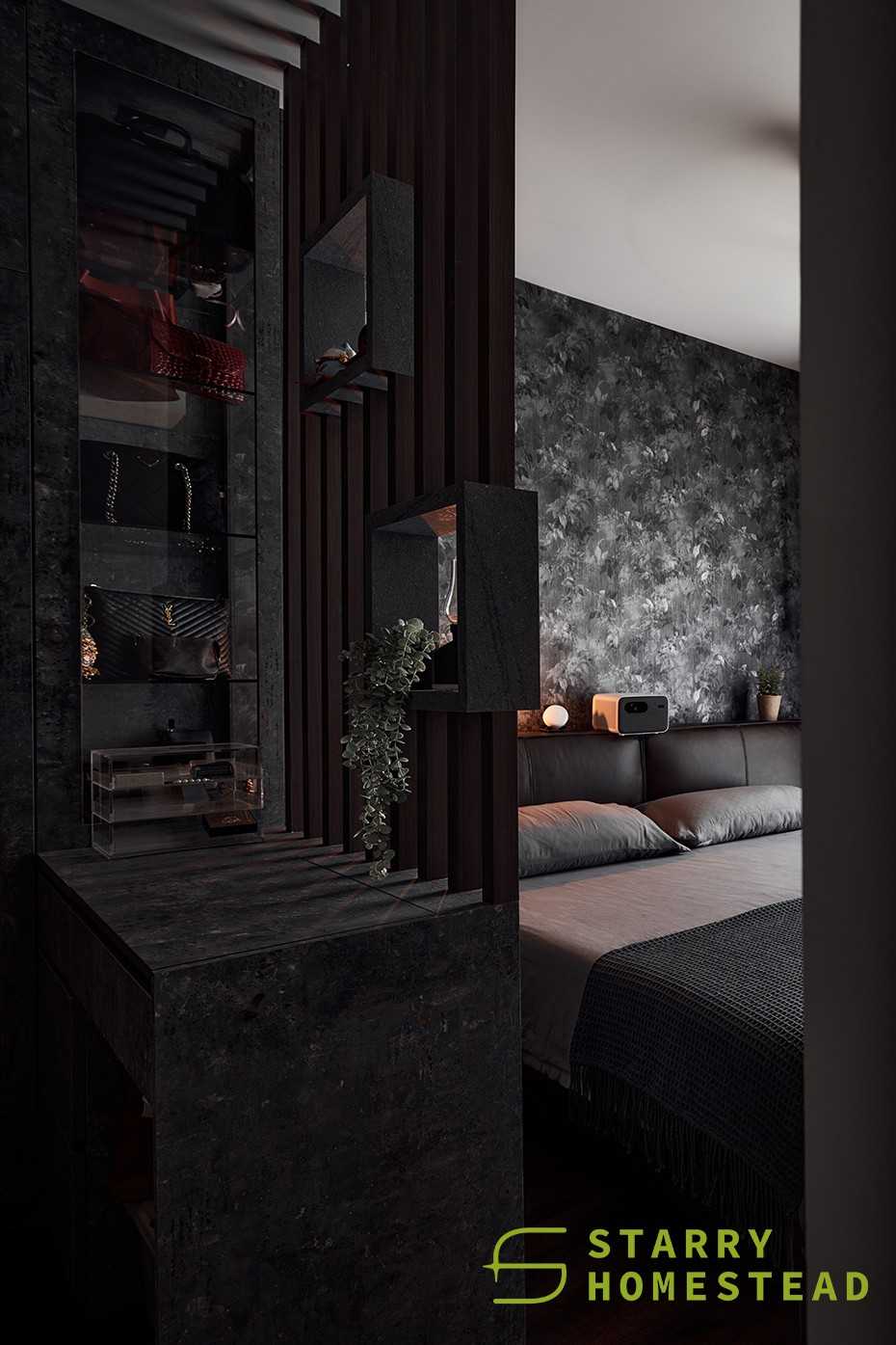 industrial bedroom with wallpaper and display cabinets