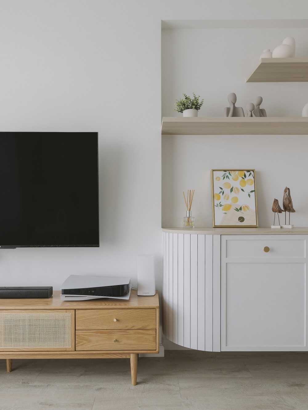 scandinavian living room with vinyl flooring and tv console