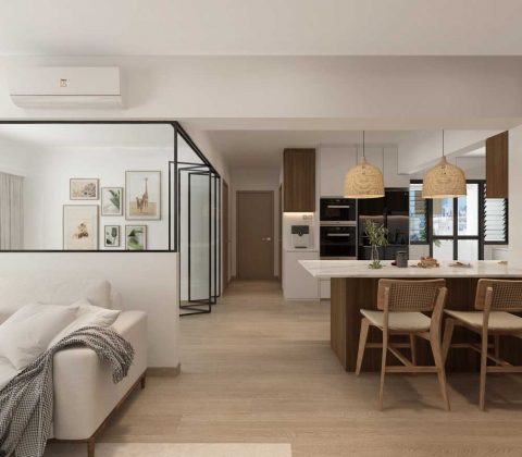 scandinavian dining room with vinyl flooring and kitchen island