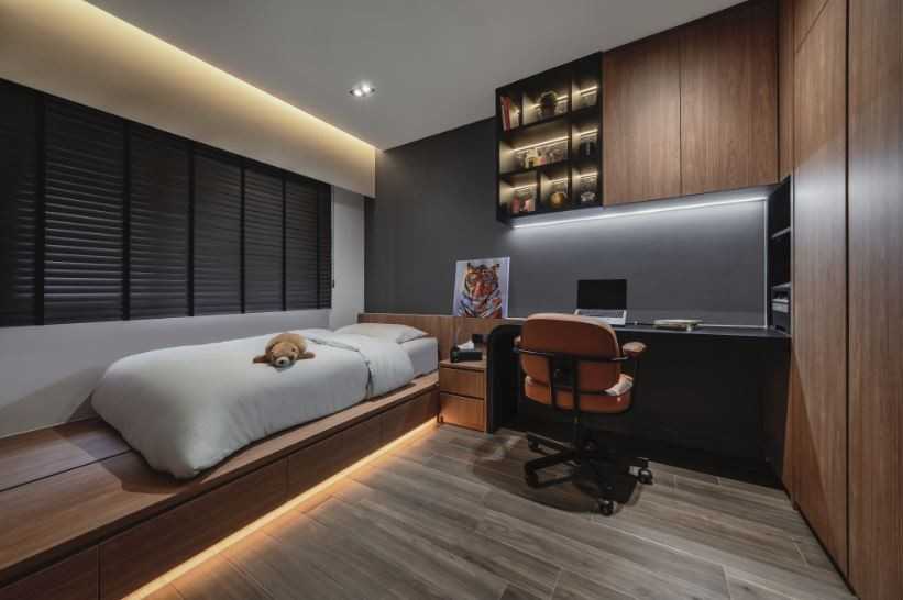 contemporary bedroom with platform bed and built in bed