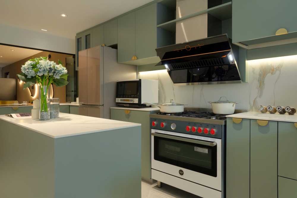 contemporary kitchen with countertop and homogeneous tiles