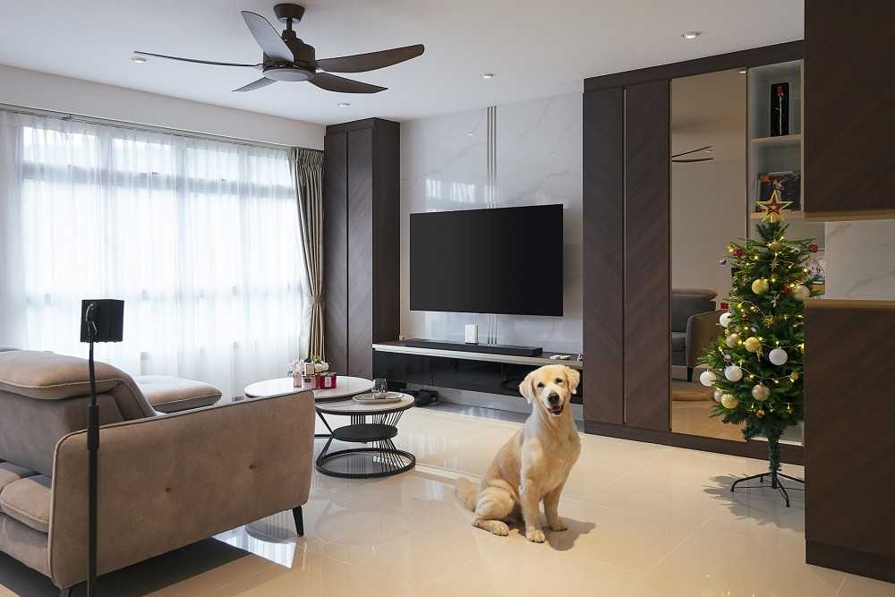 contemporary living room with homogeneous tiles and tv console 2