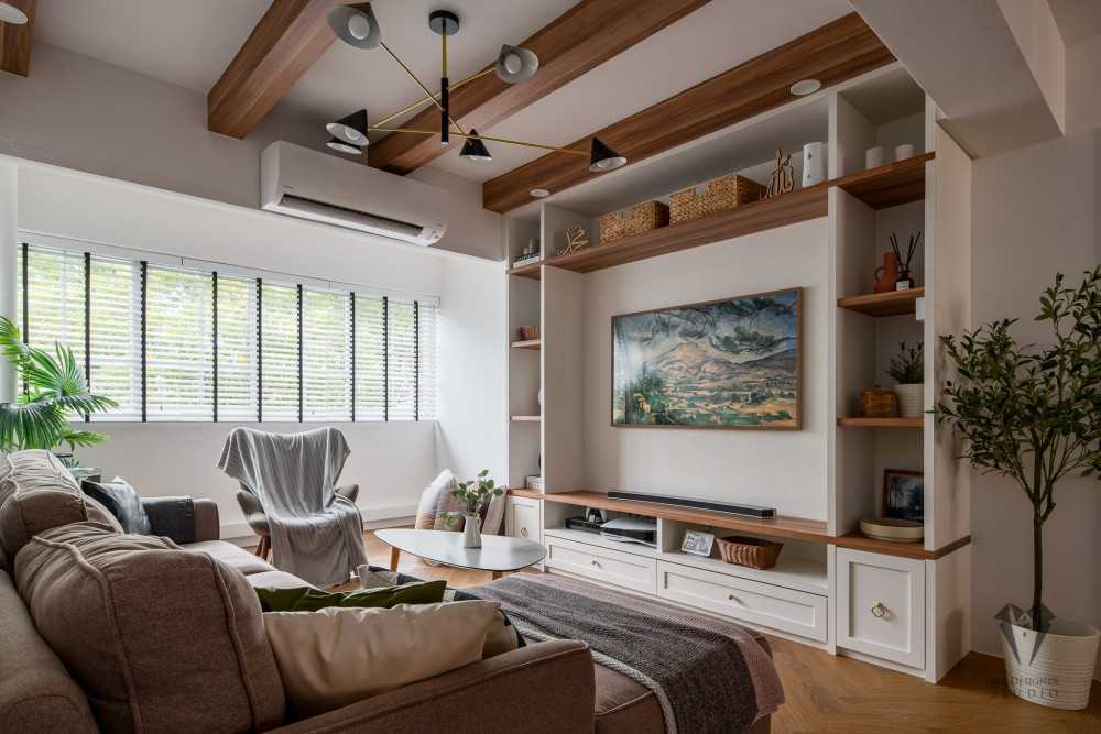 country living room with wood flooring and tv console