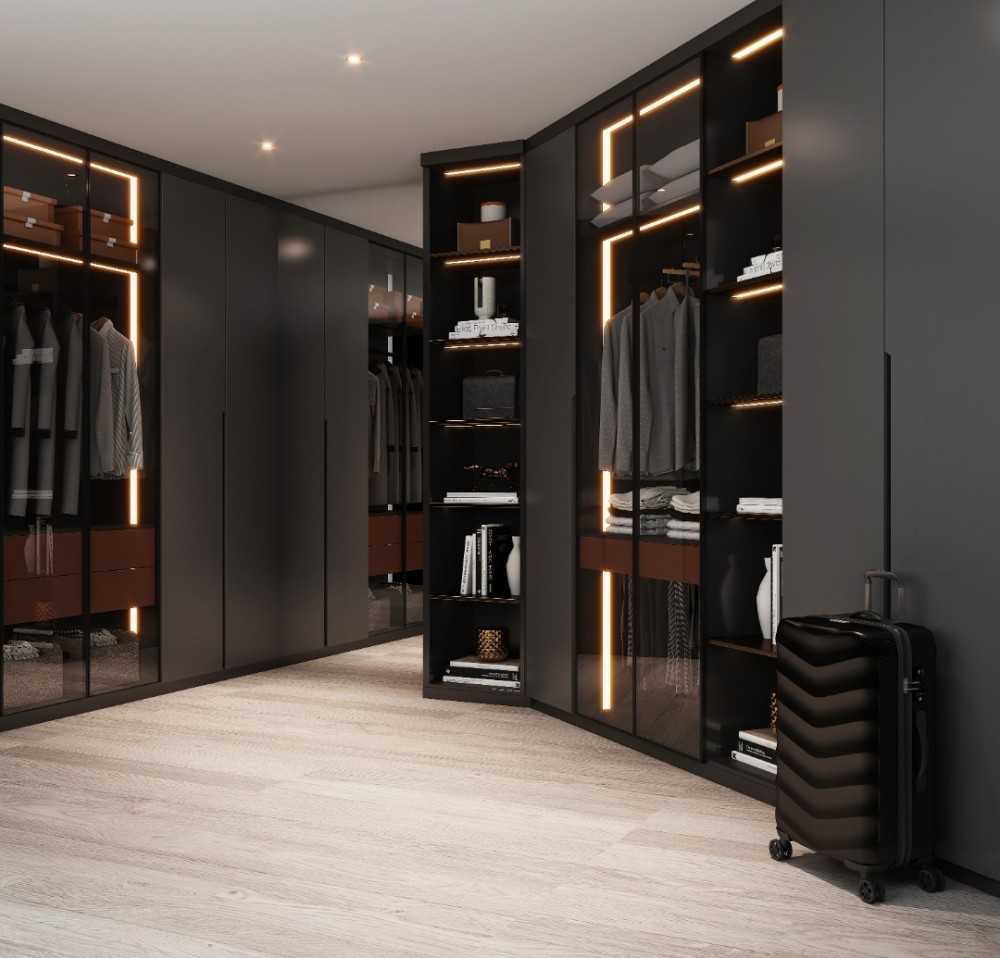 modern walk in wardrobe with mirror and drop ceiling