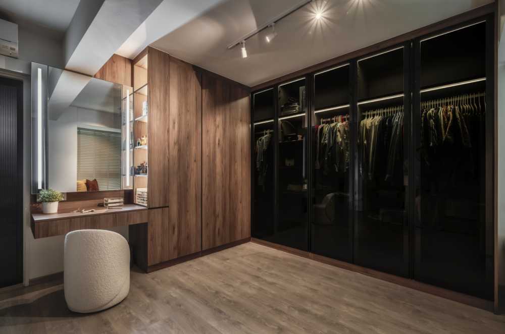 scandinavian walk in wardrobe with mirror and wardrobe