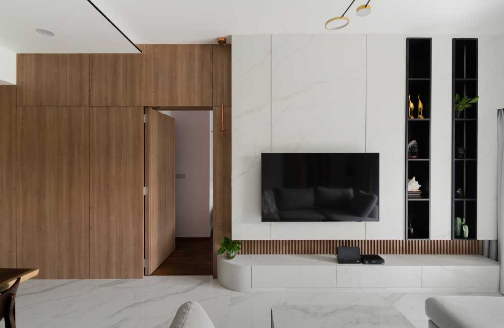 contemporary living room with herringbone tiling and cement floor